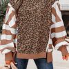 Striped Leopard Sweatshirt for Women Color Block Patchwork Drop Shoulder Side Slit Pullover Shirt Tops