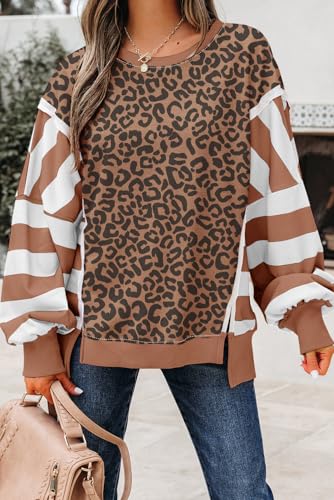 Striped Leopard Sweatshirt for Women Color Block Patchwork Drop Shoulder Side Slit Pullover Shirt Tops