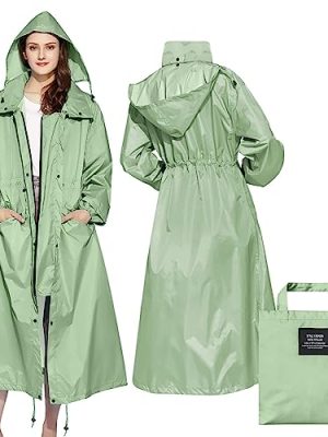 Womens Long Raincoats Rain Jacket Waterproof Packable Hooded Windbreaker Lightweight Adjustable Waist for Outdoor