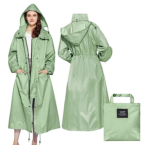 Womens Long Raincoats Rain Jacket Waterproof Packable Hooded Windbreaker Lightweight Adjustable Waist for Outdoor