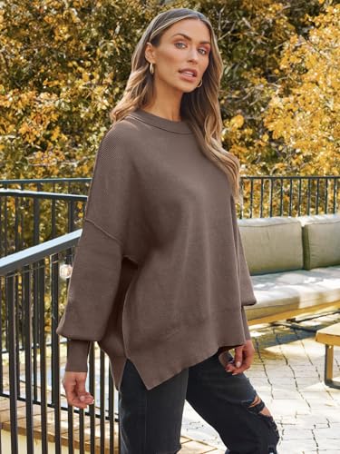 Women's Oversized Batwing Sweaters 2025 Fall Outfits Trendy Crewneck Knit Side Slit Fashion Pullover Tops