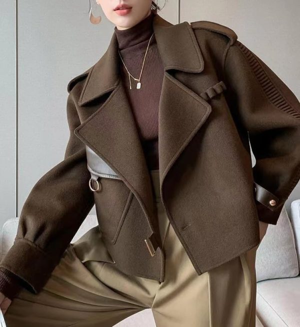 Women Cropped Wool Coats Warm Pea Coat Notched Lapel Open Front Trench Overcoat Jackets with Pockets