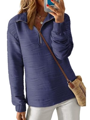 Women's Casual Half Zip Long Sleeve Pullover Shirts Solid Color Textured Sweatshirt Tunic Tops