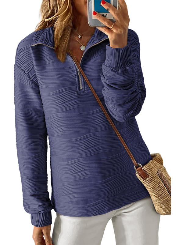 Women's Casual Half Zip Long Sleeve Pullover Shirts Solid Color Textured Sweatshirt Tunic Tops