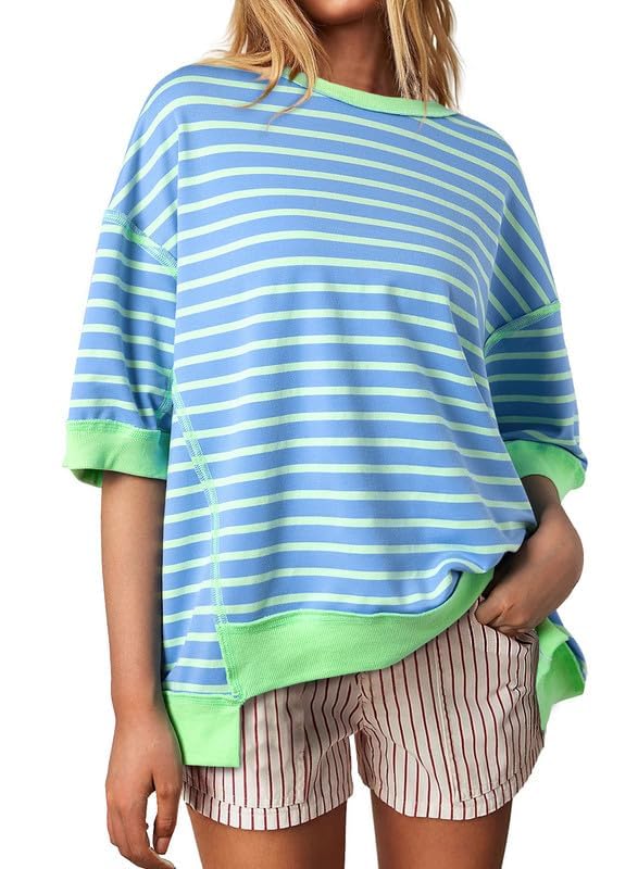 Womens Tops Casual Short Sleeve Sweatshirt Crewneck Striped Shirt Pullover T Shirts Loose Blouses
