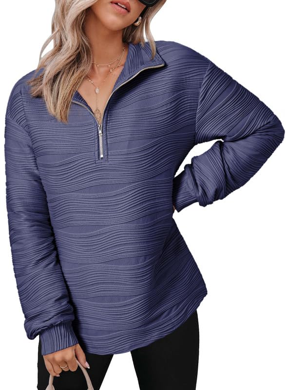 Women's Casual Half Zip Long Sleeve Pullover Shirts Solid Color Textured Sweatshirt Tunic Tops