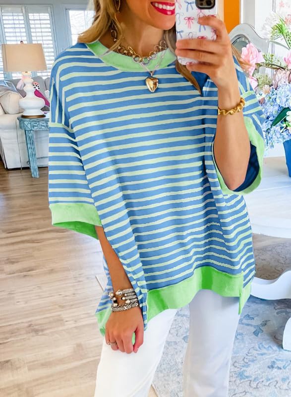 Womens Tops Casual Short Sleeve Sweatshirt Crewneck Striped Shirt Pullover T Shirts Loose Blouses